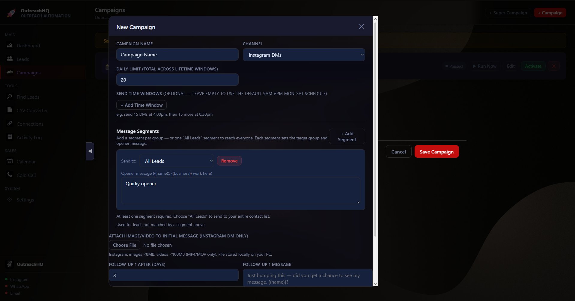 Campaign creation with message sequences and follow-up settings